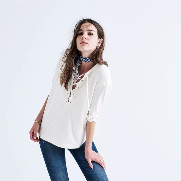 Madewell Light Cream Libra Lace-Up Tee Size Medium EUC - Picture 2 of 9